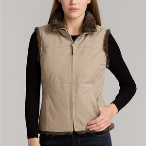 J. Jill Faux Fur Canvas Reversible Vest Full Zip Tan S